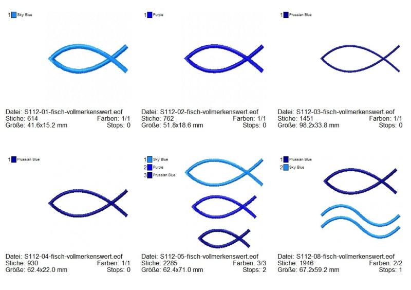 6 Stickdateien im Set Fisch Ichthys für 10x10cm Stickrahmen S112-set-01